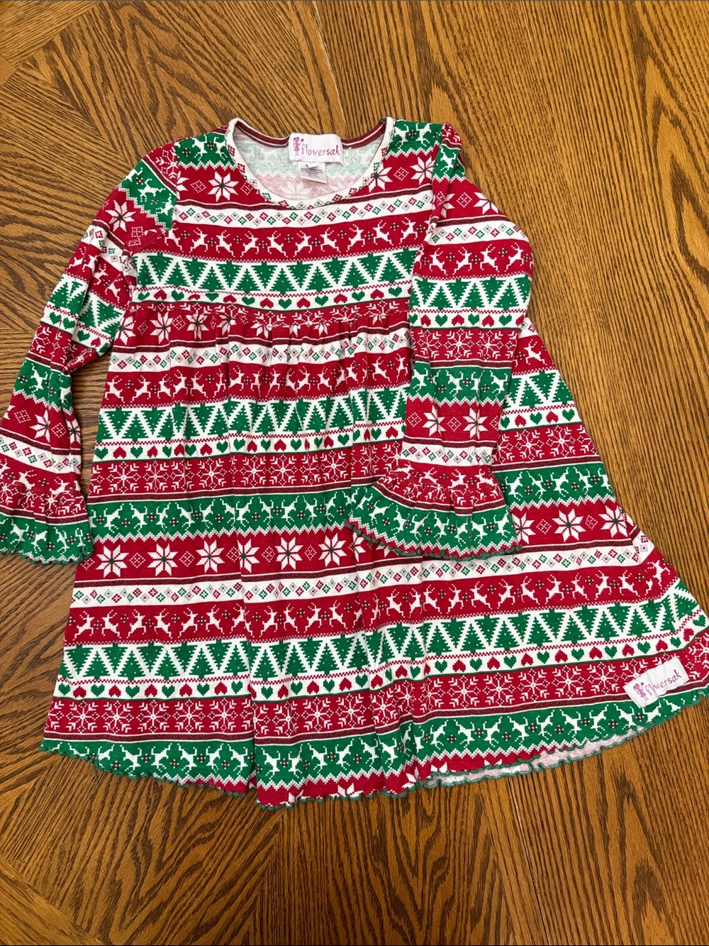 FlowerSak Flower Sak Girls Red & Green Holiday Christmas Print Kids Knit Dress